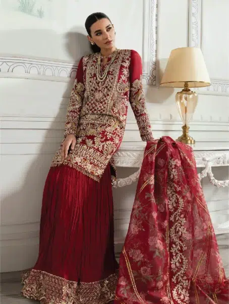 Artisan Story by Crimson D-07 -3 in Ruby color, highlighting the sequined trouser border and raw silk pants.