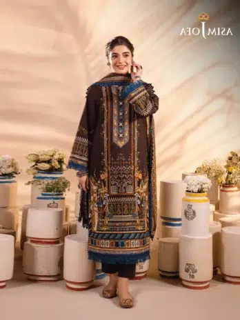 Asim Jofa Printed Lawn AJUB-18 -1, Brown color, digital printed lawn shirt front view.