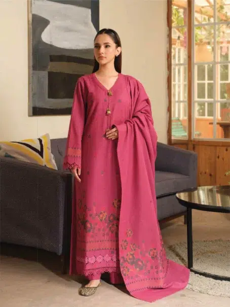 Aster by Johra JH-704 -1, Dark Pink, Jacquard Khaddar Shirt with Shawl and Trouser