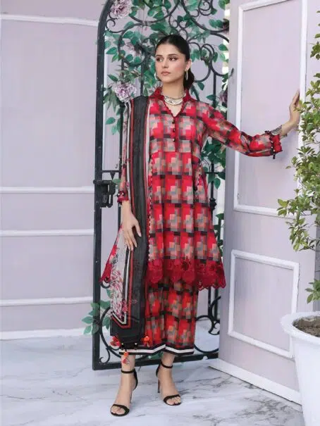 Charizma Lawn Collection CS3-12 -1, Red color, embroidered neck and sleeves patti on printed lawn shirt front view.