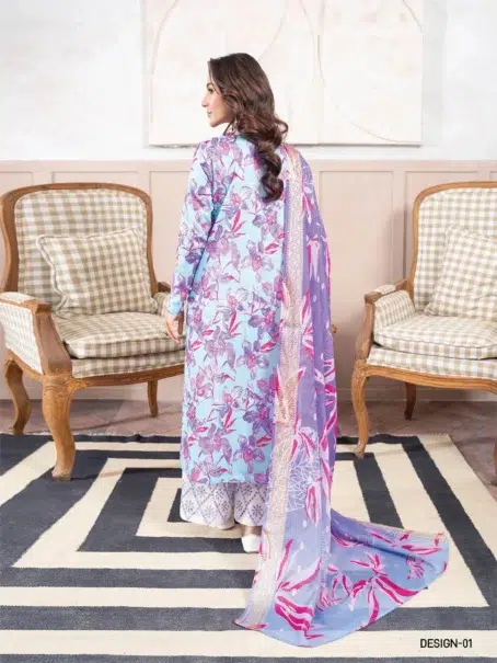 Gullbano by Gulljee D-01 - 2 in Pale Blue Lily color highlighting the digital-printed lawn back and sleeves.