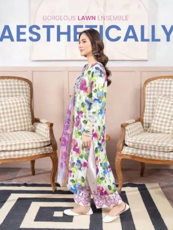 Gullbano by Gulljee D-02 - 3 in Vista White color featuring the luxury digital-printed multi-jacquard Brosha lawn dupatta.