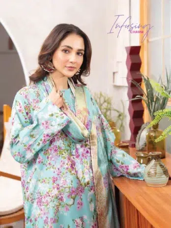 Gullbano by Gulljee D-04 - 3 in Neptune color featuring the luxury digital-printed multi-jacquard Brosha lawn dupatta.