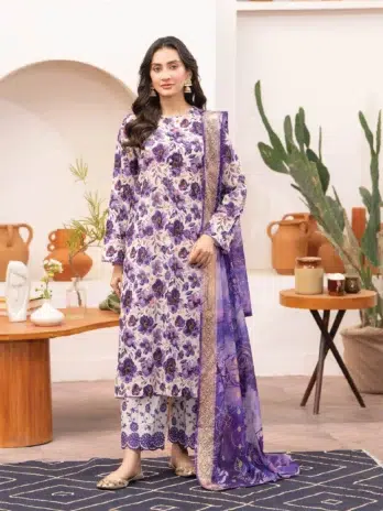 Gullbano by Gulljee D-08 -1: A close-up view of the digitally printed lawn boring embroidered front in purple from Gullbano by Gulljee's 2024 collection.