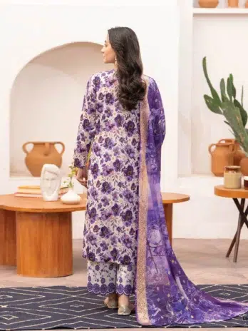 Gullbano by Gulljee D-08 -2: Full display of the purple digitally printed lawn back and sleeves, part of the elegant Gullbano by Gulljee 2024 collection.
