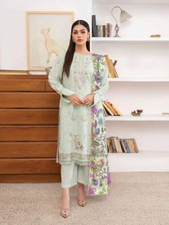 Mahi by Gulljee MG-01 -1 in Moon Mist color, showcasing embroidered luxury linen front and back with zari linen dupatta