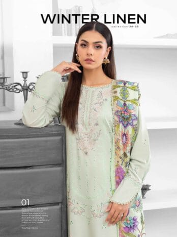 Mahi by Gulljee MG-01 -3 in Moon Mist color, dyed linen trousers and embroidered details