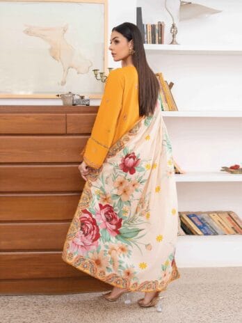 Mahi by Gulljee MG-02 -2, Yellow color, embroidered luxury linen back view.