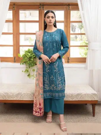 Mahi by Gulljee MG-05 -1, Blue luxury linen embroidered front view