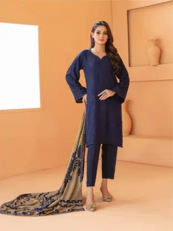 Mahzala By Tawakkal D-3725-1 in Blue color, showcasing Exclusive Jacquard Leather Peach Shirt, Fancy Shawl, and Plain Leather Peach Shalwar.