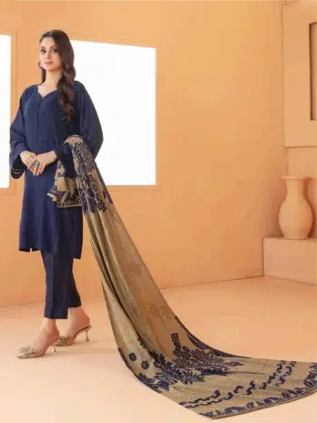 Mahzala By Tawakkal D-3725-3 in Blue color, featuring a full view of the Jacquard Leather Peach Shirt with Fancy Shawl and Plain Shalwar.
