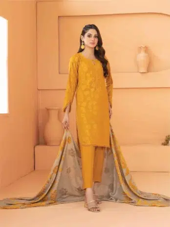 Mahzala By Tawakkal D-3727-1 in Yellow color - Exclusive Jacquard Leather Peach Shirt with Fancy Shawl and Plain Shalwar
