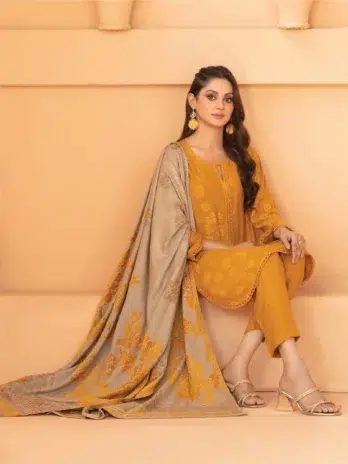 Mahzala By Tawakkal D-3727-2 in Yellow color - Close-up of Jacquard Leather Peach Shirt with Intricate Design