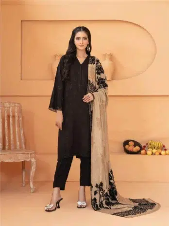 Mahzala By Tawakkal D-3729 -1, black color, exclusive Jacquard Leather Peach fabric shirt front view with fancy shawl and plain shalwar.