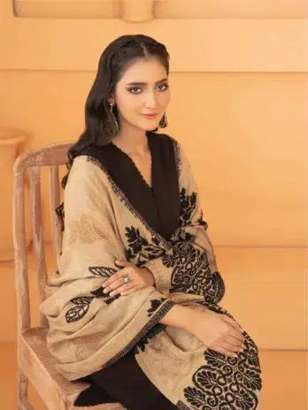 Mahzala By Tawakkal D-3729 -2, black color, detailed close-up of Jacquard Leather Peach fabric and intricate design.