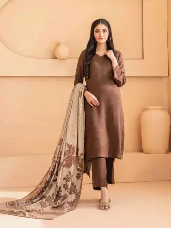 Mahzala By Tawakkal D-3730 -1, Brown, Exclusive Jacquard Leather Peach Outfit with Fancy Shawl