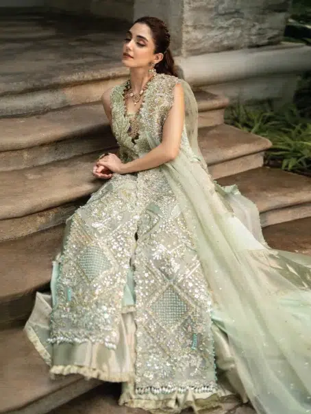 Majestic Cypress by Crimson D-01 -4 in aqua color, displaying the full ensemble with dupatta, sharara, and trouser.