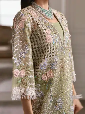 Sparkle Cascade by Crimson D-03 -2 in pistachio color, highlighting the back design with a double-layered organza finish.