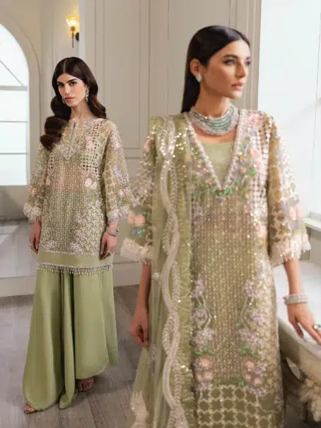 Sparkle Cascade by Crimson D-03 -4 in pistachio color, presenting the complete ensemble with dupatta, trouser, and shirt.