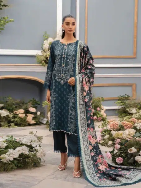 Mausummery Linen Vol 3 Leila - Dark Slate Grey Digital Printed Linen Doria Shirt with Dupatta and Trouser.