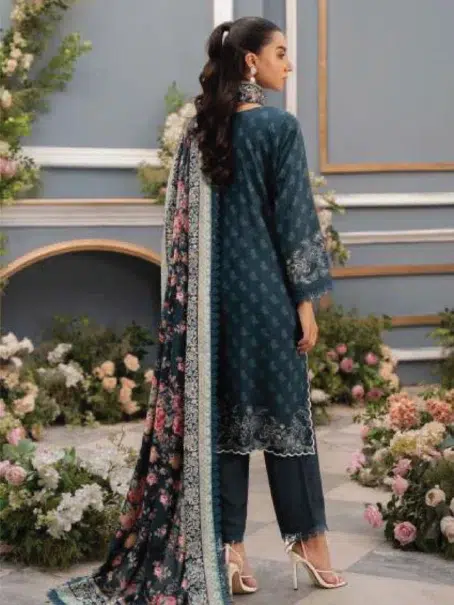 Mausummery Linen Vol 3 Leila - Full 3-piece Dark Slate Grey ensemble with Digital Printed Shirt, Dupatta, and Dyed Trouser.