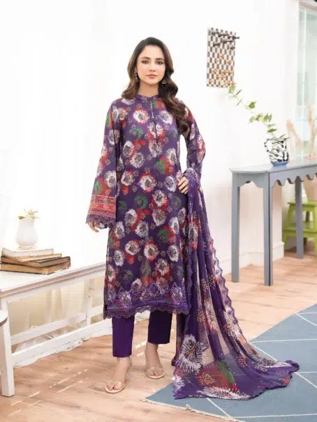 Morja by Gulljee A-02 -1, Dark Purple color, 3pcs unstitched Digital Printed Lawn with Sequin Daman Embroidered Front, Back, Sleeves, and Bomber Chiffon Cutwork Dupatta.