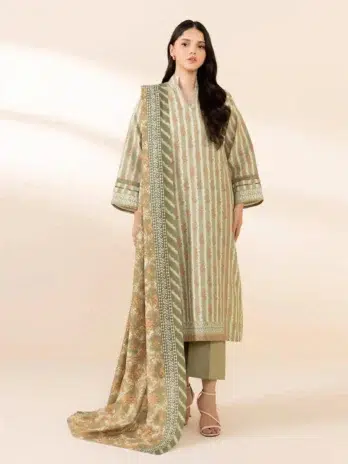 Sapphire Printed Khaddar D-02 -1, Beige color, digital printed khaddar shirt front view.