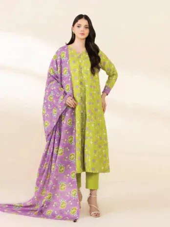 Sapphire Printed Khaddar D-05 -1, Lime Green color, digital printed khaddar shirt front view.