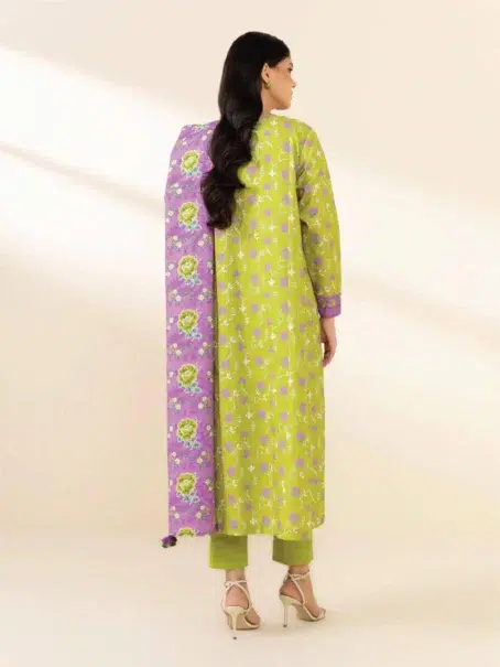 Sapphire Printed Khaddar D-05 -2, Lime Green color, digital printed khaddar shirt back and sleeves view.