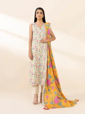 Sapphire Printed Khaddar D-08 -1, Ivory color, front view of digital printed khaddar shirt.