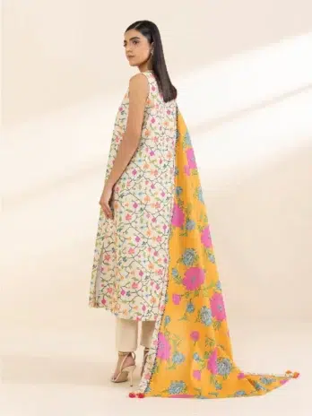 Sapphire Printed Khaddar D-08 -2, Ivory color, back view of digital printed khaddar shirt and sleeves.