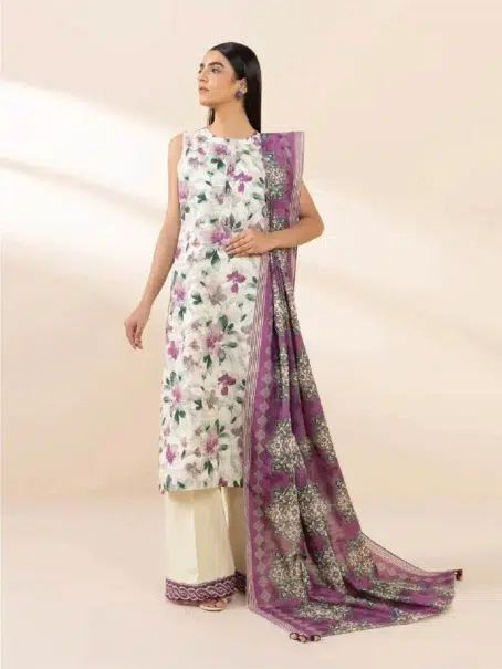 Sapphire Printed Khaddar D-10 -1, Off White color, digital printed khaddar shirt with matching dupatta and dyed trouser