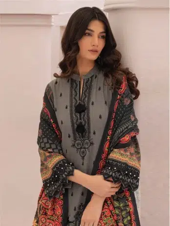 Selena by Zesh Textile SZT-01 - 3 in Sandstone color with a vibrant digital-printed khaddar dupatta and sleeves.