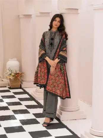 Selena by Zesh Textile SZT-01 - 4 in Sandstone color showcasing the dyed khaddar trouser and embroidered organza patti.