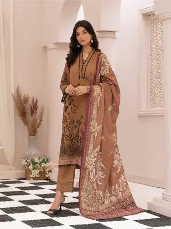 Selena by Zesh Textile SZT-02 - 1 in Sepia Skin color featuring the dyed embroidered khaddar front with elegant detailing.