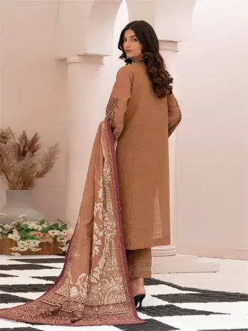 Selena by Zesh Textile SZT-02 - 2 in Sepia Skin color highlighting the dyed embroidered khaddar back and intricate design.