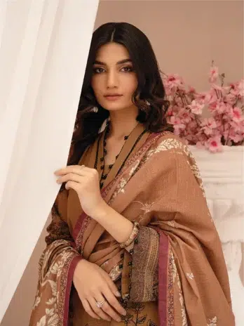 Selena by Zesh Textile SZT-02 - 3 in Sepia Skin color displaying the vibrant digital-printed khaddar dupatta and sleeves.