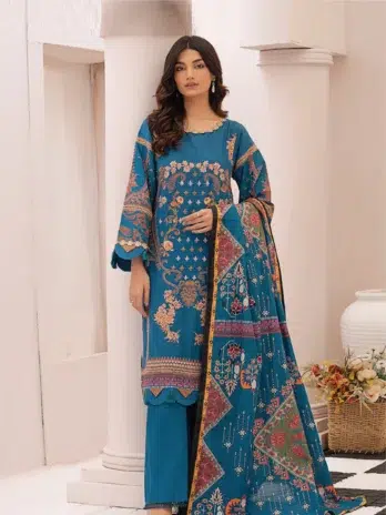 Selena by Zesh Textile SZT-03 - 1 in Blue Jay color featuring the dyed embroidered khaddar front with intricate detailing.