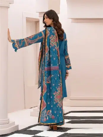 Selena by Zesh Textile SZT-03 - 2 in Blue Jay color highlighting the dyed embroidered khaddar back with beautiful craftsmanship.