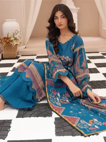 Selena by Zesh Textile SZT-03 - 3 in Blue Jay color displaying the digitally printed khaddar dupatta and sleeves.