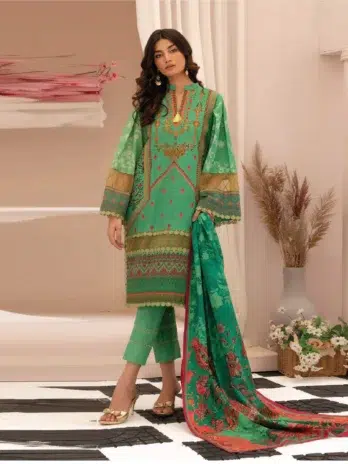Selena by Zesh Textile SZT-04 - 1 in Green color featuring the dyed embroidered khaddar front with intricate patterns.