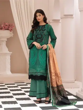 Selena by Zesh Textile SZT-05 - 1 in Plantation color showcasing the dyed embroidered khaddar front with intricate detailing.