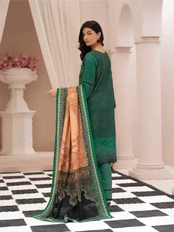 Selena by Zesh Textile SZT-05 - 2 in Plantation color highlighting the dyed embroidered khaddar back with refined artistry.