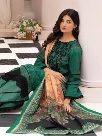 Selena by Zesh Textile SZT-05 - 3 in Plantation color featuring a vibrant digitally printed khaddar dupatta and sleeves.