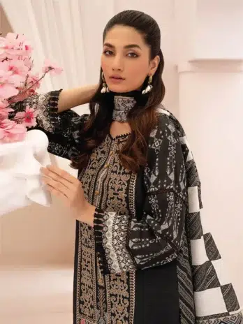 Selena by Zesh Textile SZT-06 - 3 in black color displaying the digitally printed khaddar dupatta and sleeves.