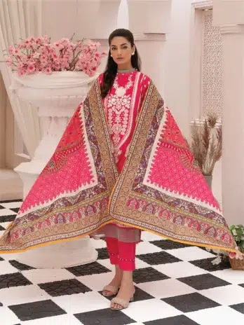 Selena by Zesh Textile SZT-07 - 1 in Cardinal color showcasing the dyed embroidered khaddar front with intricate detailing.