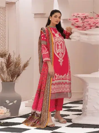 Selena by Zesh Textile SZT-07 - 2 in Cardinal color highlighting the dyed embroidered khaddar back with fine craftsmanship.