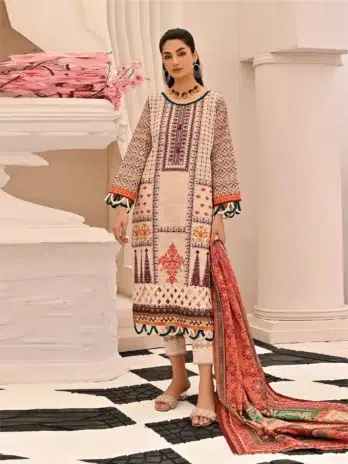 Selena by Zesh Textile SZT-08 - 1 in Vanilla color showcasing the dyed embroidered khaddar front with intricate patterns.