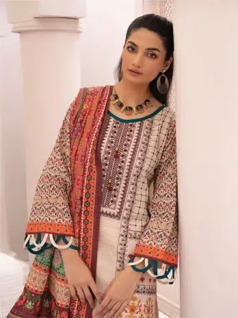 Selena by Zesh Textile SZT-08 - 3 in Vanilla color featuring the digitally printed khaddar dupatta and sleeves.