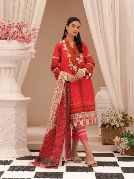 Selena by Zesh Textile SZT-09 - 1 in Rose Madder color showcasing the dyed embroidered khaddar front with intricate detailing.